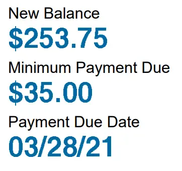 a picture of a credit card statement with the balance due, minimum payment due, and the payment due date