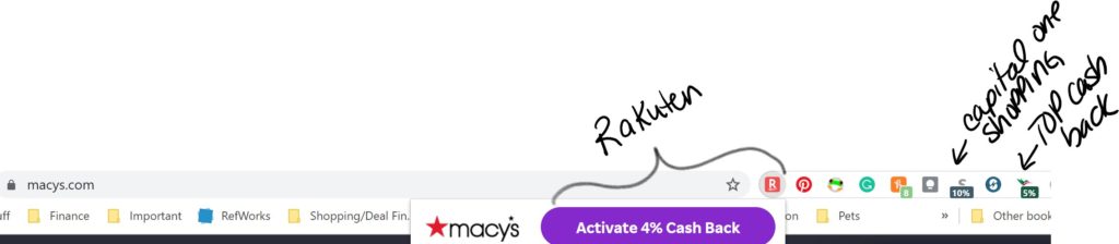 Rakuten, Capital One Shopping, and Topcashback at work on Macy's website