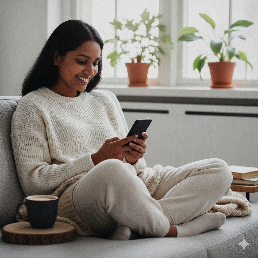 woman Relaxed at home, cozy with coffee smiling while checking her phone