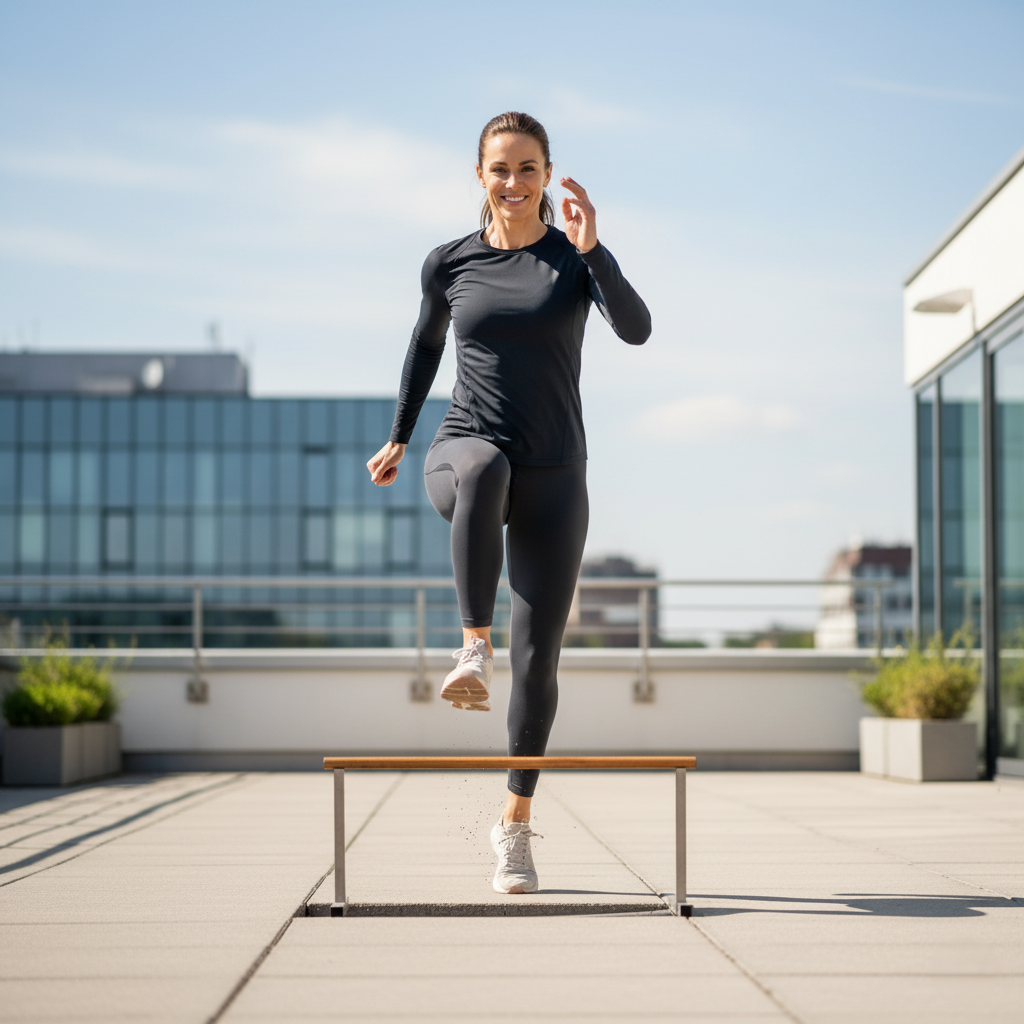Woman in athletic gear stepping over a low barrier on a rooftop, captured mid-stride with a confident smile, symbolizing overcoming financial obstacles. The bright sky and urban backdrop reinforce progress and forward momentum.