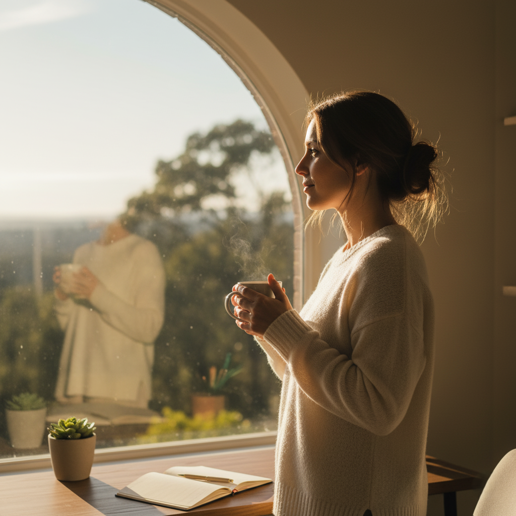 Woman in a cozy sweater holding a steaming mug while gazing out a sunlit window, with a journal and plant on the desk beside her. The warm morning light and peaceful expression evoke a moment of reflection, symbolizing clarity and mindful planning for the future.