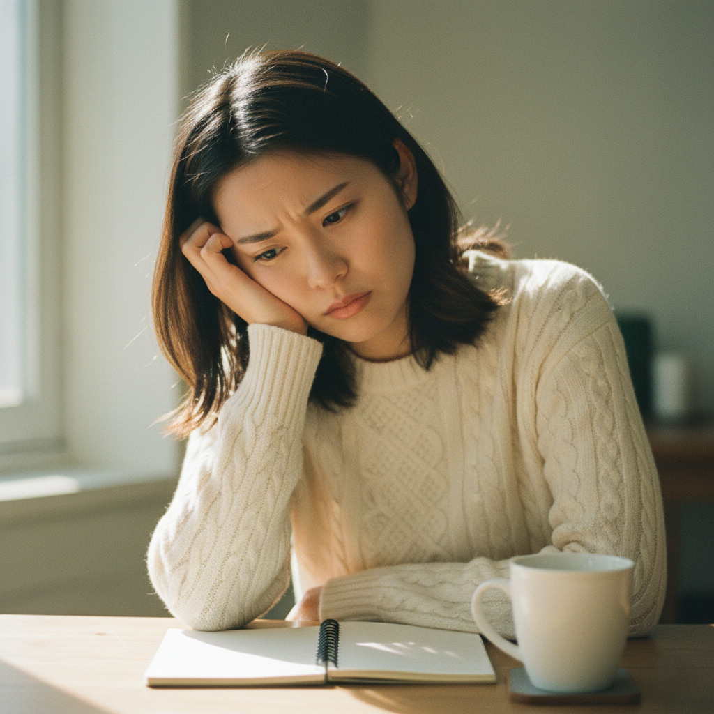 A raw, non-dramatic close-up photograph of a woman with her hand gently resting on or near her head, conveying a thoughtful or slightly uncertain expression. She is looking away or down, suggesting contemplation. The lighting is soft.