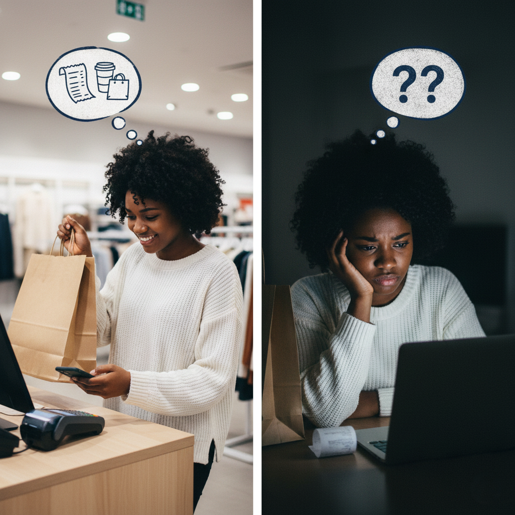 A split-screen photo depicting a woman of color (who appears to be the same person) in two different scenarios related to a purchase. The left panel shows her actively making a purchase, possibly smiling or looking satisfied while holding a shopping bag, credit card, or interacting at a register. The right panel shows her later, looking thoughtful, regretful, or unsure, perhaps holding her head or staring at the purchased item, conveying buyer's remorse or second-guessing the decision.