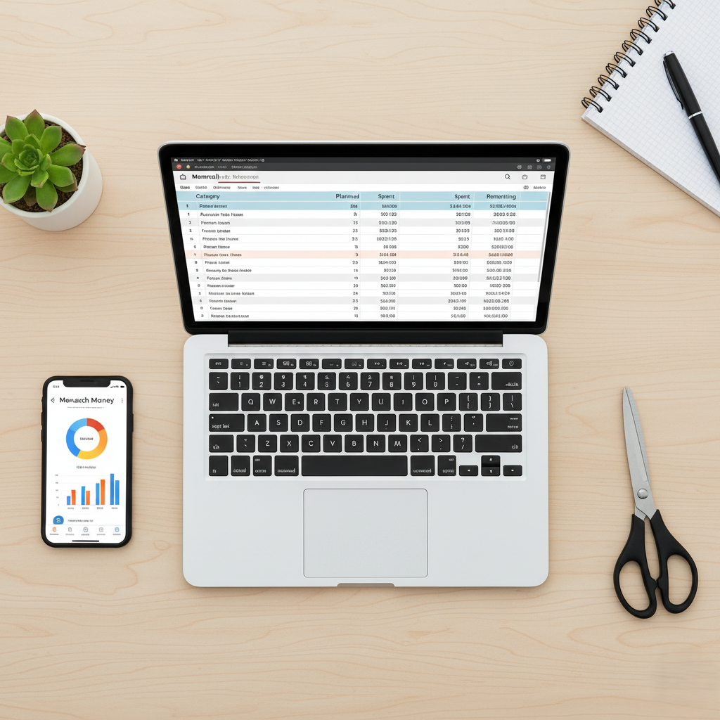 Flat lay of a workspace with a laptop displaying a detailed budget spreadsheet and a smartphone showing a financial dashboard from Monarch Money, featuring colorful graphs and a spending breakdown. The setup includes a notebook, pen, scissors, and a small succulent, creating a clean and organized environment for personal finance tracking.