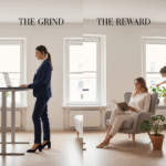 Split-image with the left side labeled "The Grind" showing a woman in a navy suit working at a standing desk with a headset, focused on her laptop. The right side, labeled "The Reward," shows the same woman relaxed in loungewear, smiling as she reads a book in a cozy armchair beside a plant and large window.