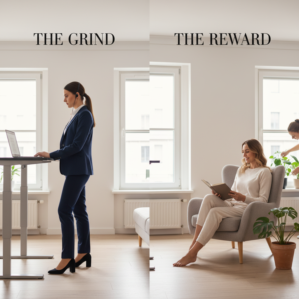 Split-image with the left side labeled "The Grind" showing a woman in a navy suit working at a standing desk with a headset, focused on her laptop. The right side, labeled "The Reward," shows the same woman relaxed in loungewear, smiling as she reads a book in a cozy armchair beside a plant and large window.